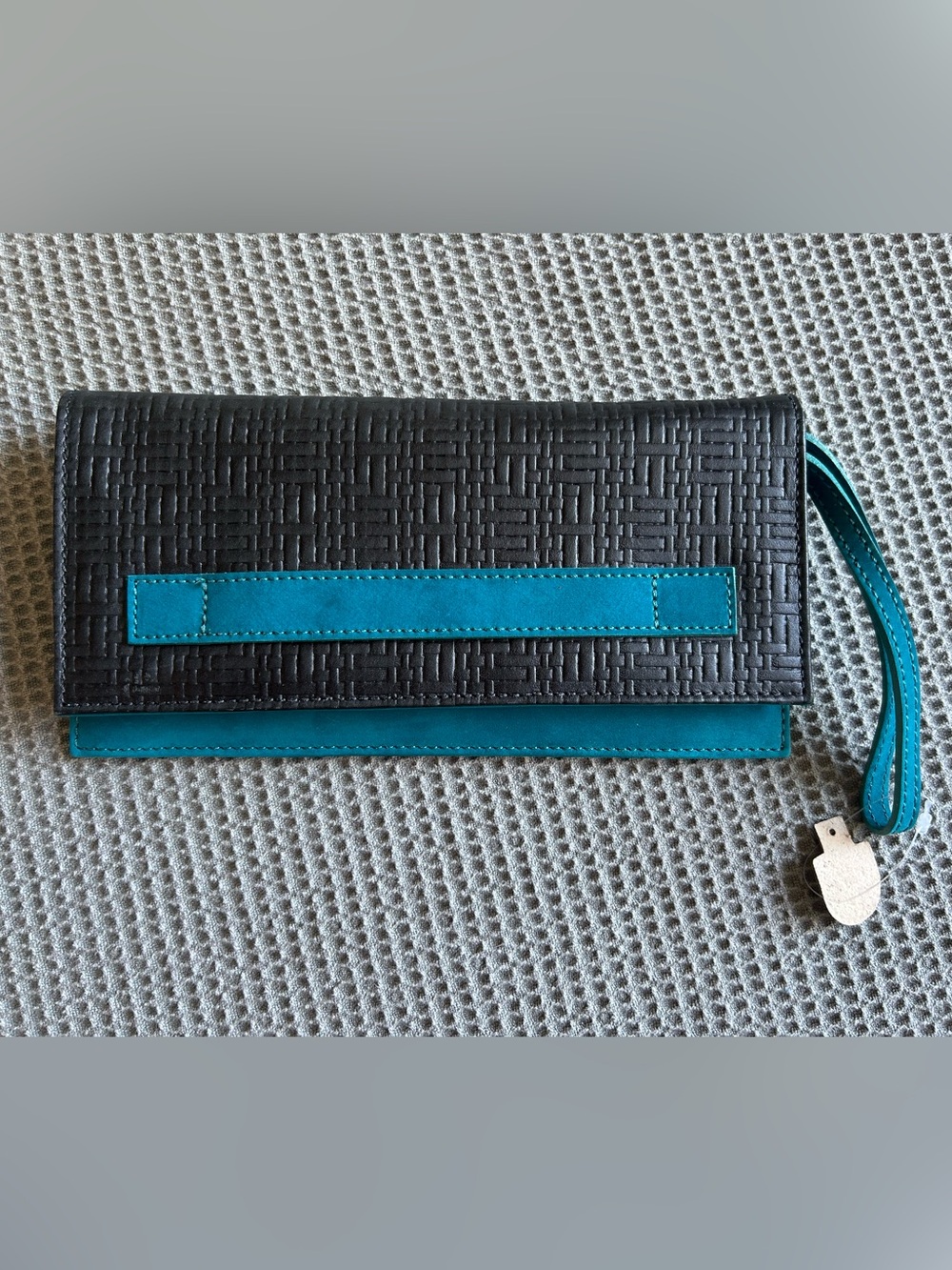 Black Woven Textured Clutch with Teal Accent Wristlet
